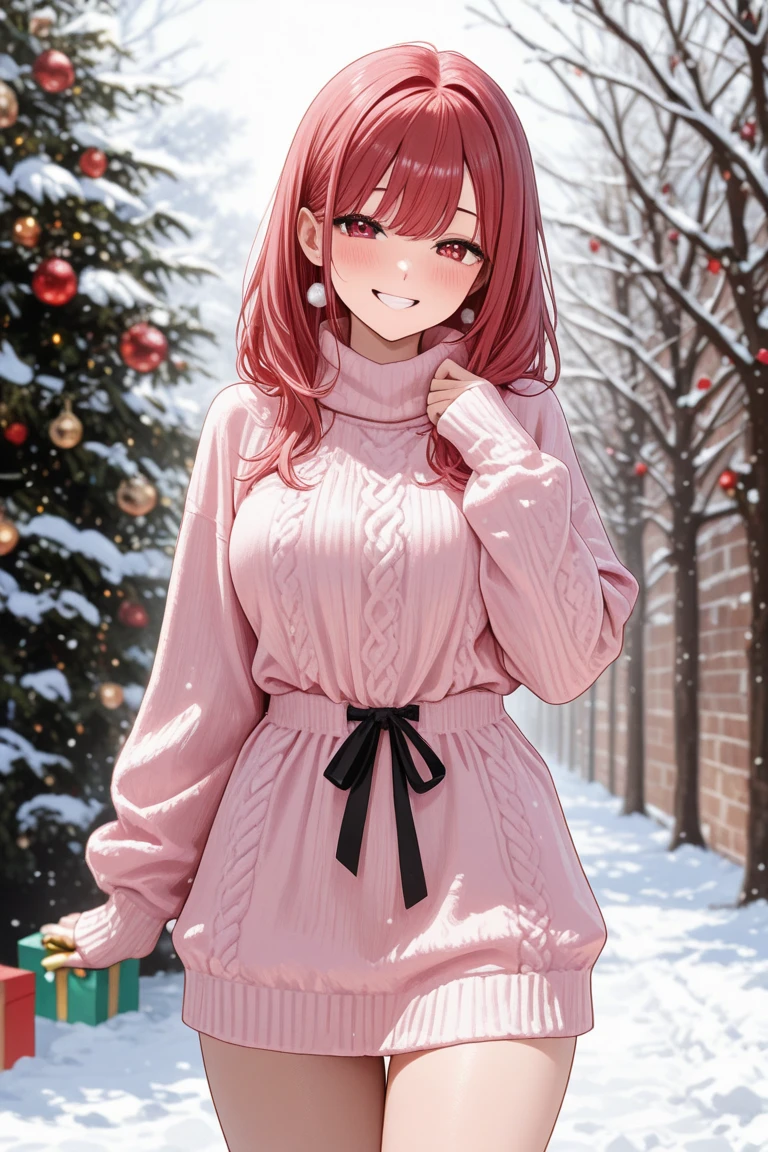 masterpiece, best quality, <lora:partygirl-nvwls-v1-000010:0.9> pgirl, earrings, pink sweater, pink skirt, striped thighhighs, large breasts, smile, looking at viewer, cowboy shot, house, indoors, wooden building, fireplace, painting