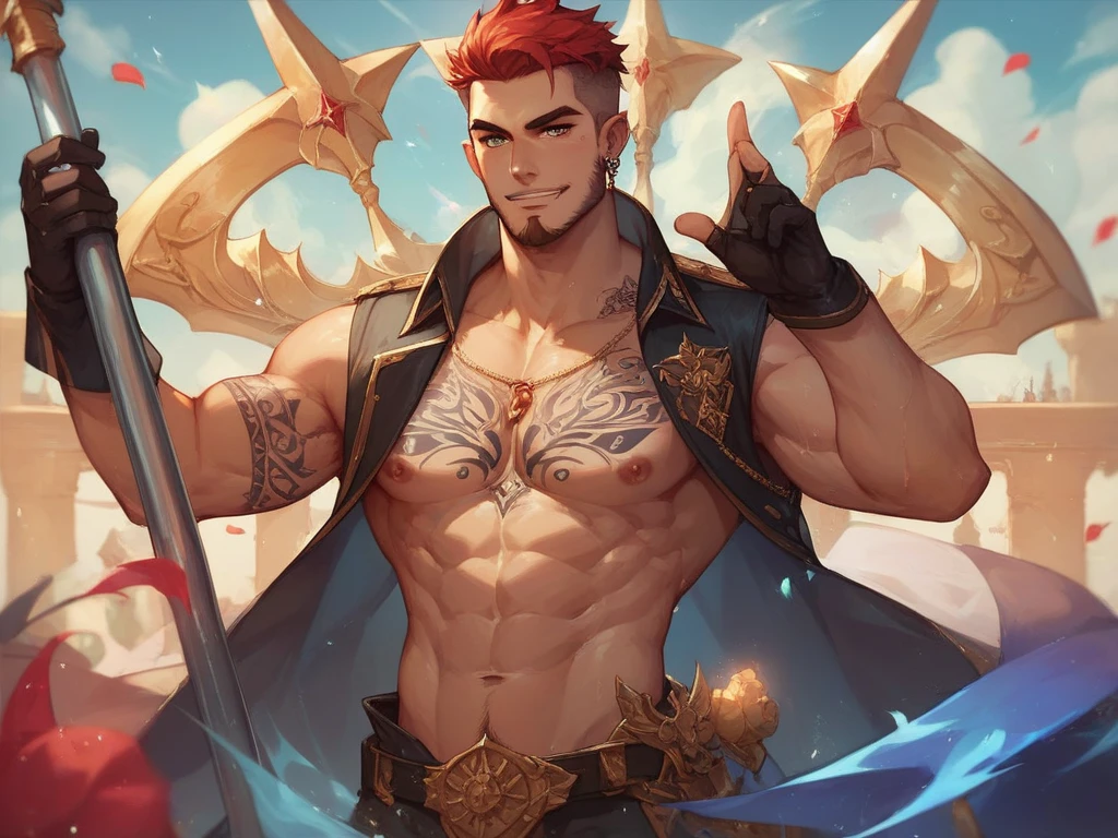 wilnas, granblue fantasy, (masterpiece:1.5), (best quality:1.5), (high quality:1.5), (solo:1.27), (muscular male:1.27), (bara:1.27), satisfaction, happy, pleasure, (dynamic angle:1.21),(dynamic hair:1.27),(detailed pupils:1.21),looking at viewer, (dynamic pose:1.15), (beautiful detailed hands:1.21), illustration, (cinematic light:1.15), ultra detailed, (disheveled hair:1.34), (large pectorals:1.3), pectoral cleavage, sidepec, (abs:1.3), (thighs:1.3), (bulky:1.2), novel_illustration, anime_screencap, (valentine:1.4), (apron:1.3), cooking flaming, chocolate, (see-through, micro lingerie red:1.5), flaming sword, explosion, male focus, fire, fiery wings, fiery hair, flame, pyrokinesis, breathing fire, (erection under clothes:1.2), (from below:1.2),