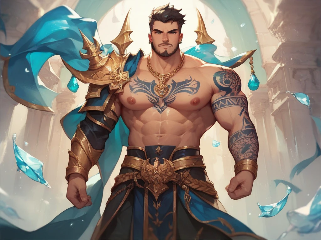 (nonsense, High resolution, very detailed, HDR), Masterpiece, best quality, A drawing of a boy, handsome man with red eyes, detailed face, professional photos, An Arav man enters the fight shirtless., Sleep well.，legs open, (Swollen nipples(from below:1.1)), Focus on your audience,18 year old boy, handsome man, [ well defined body ]，open light blue shirt，abdomen，chest muscleermaid，Big bulge，Lying on the coral reef at the bottom of the sea，coral reef，moustacheปลาหมึกสัมผัสพันกันทั่วตัว，Aquaman Trident，Alienปลาหมึกใช้moustacheหลายอัน((shaped like a penis,cock,penis))wrapped around a young man,ใช้moustacheรูปองคชาตหลายอันจับแขนและขาของผู้ชายไว้,Alien,appendage,moustache,monster penis
