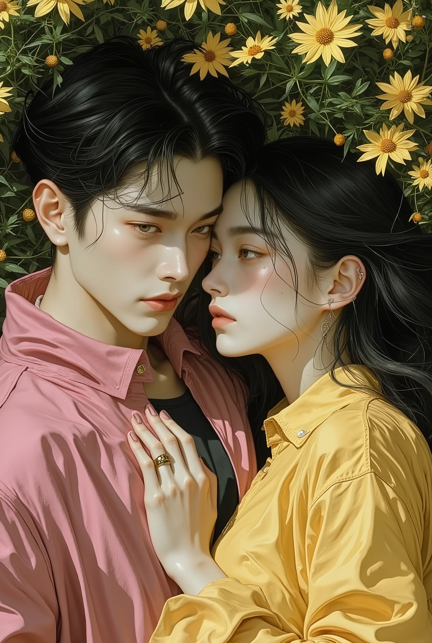 Ultimate Couple Contest! Ship your OTP—showcase their sweet fluff or angsty drama. Handsome young man and beutiful young girls lying in the bushes and thorns and beautiful cream yellow flowers, top view camera. wearing rich pinks wizards robe and cream yellow turttle neck shirt inside. oil painting, masterpiece, shadows, expert, insanely detailed, 4k resolution,