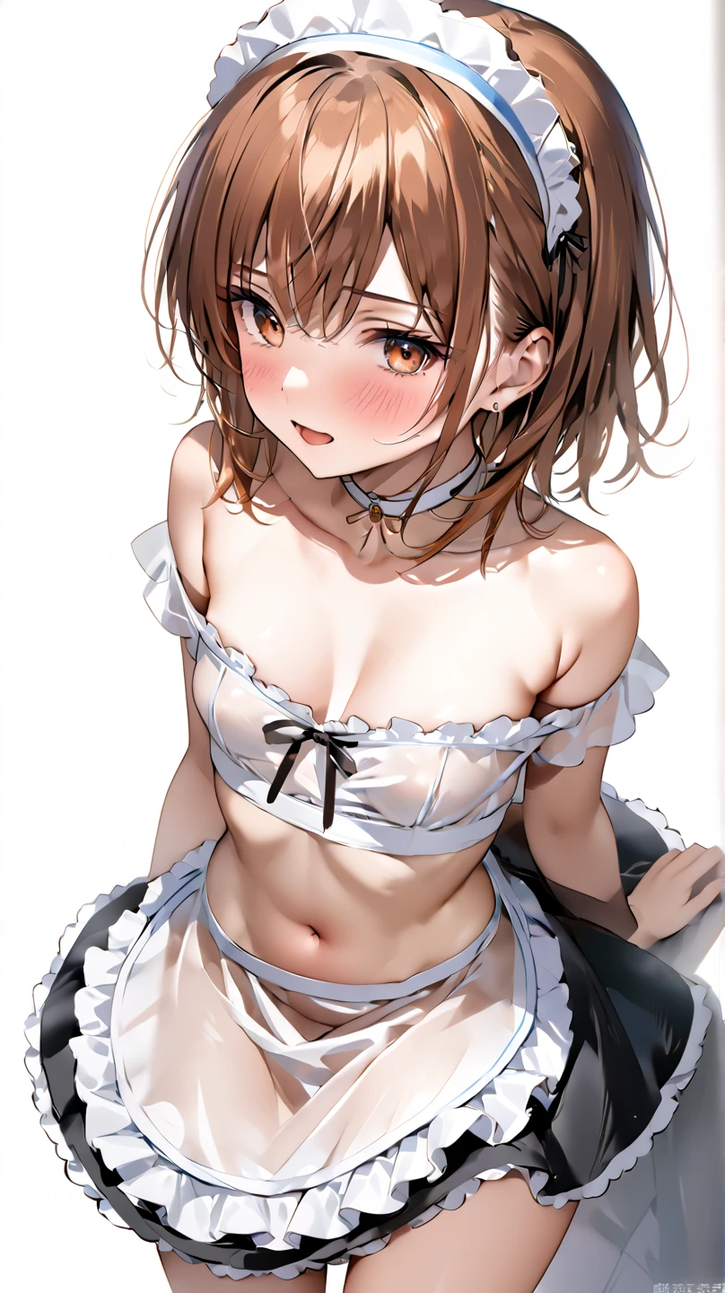 ((Tabletop, highest quality, High resolution, , Pixel perfect, 4K,))), 1 beautiful woman, private teacher、The whole body is visible、 ((Mid-wave hair, bangs, Brown Hair)), ((Brown eyes, Beautiful eyelashes, Realistic eyes)), ((Detailed face, Blushing:1.2)), ((Smooth texture:0.75, Realistic texture:0.65, Realistic:1.1, Anime CG Style)), Mid-chest, Dynamic Angle, Perfect body, (( , ,  No bra、Frill apron, 、)), 、、Very embarrassing panic smile, looked back、Leaning forward、The wind is blowing and my underwear is completely visible、Place both hands on the table、Stick your  out。Side bust、(white floral lace pantgle from below)、