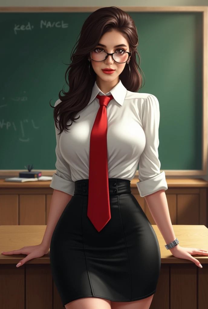 Masterpiece, of the best quality, a woman with long brown hair, with glasses, with an expression angry, angry, in the classroom, Artie Guéran style