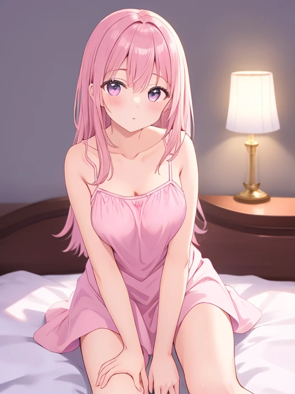 ((masterpiece)), ((best quality)), (ultra-detailed), on the bed, a cute girl, 1girl, solo, smile, underwear00, beautiful pink hair