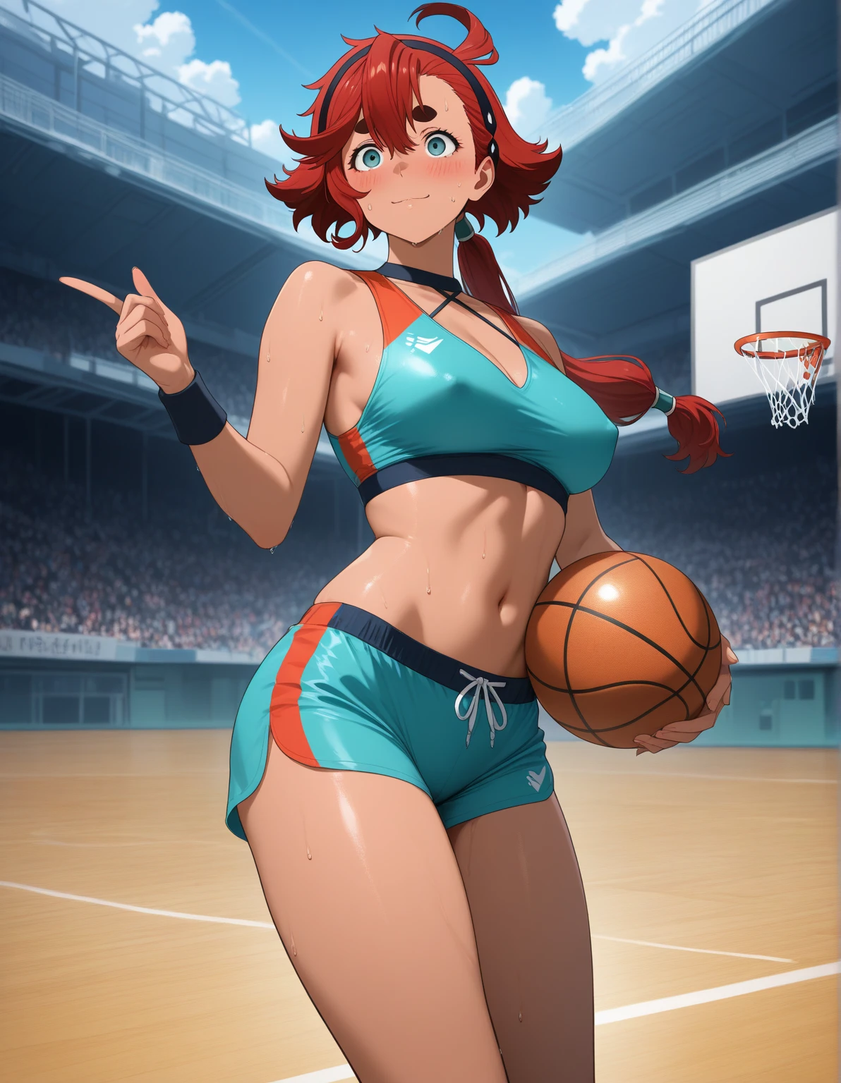 (track and field, Stadium:1.2), (rim lit), (Detailed face:1.1), 1girll, Solo, Smile, Captain Mizuki, one-punch man, A high resolution, Muscular female, Breasts, Orange hair, Sports bra, Upper body, High ponytail, Long hair, medal, Sweat, steams, steamed body, murata yuusuke, Big ass, Big breasts, big thighs, Super tight sporty, Nsfw, micro Thong, Cover breasts