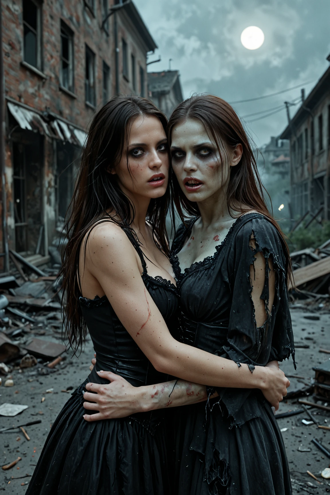 (extremely detailed monstrous bride,spooky cemetery scene, pitch-black night,creepy location,blood-drenched dress,disturbing skin and gaze)(best quality,horrifying atmosphere), (dark,macabre,grim) tones,(eerie,mysterious) lighting