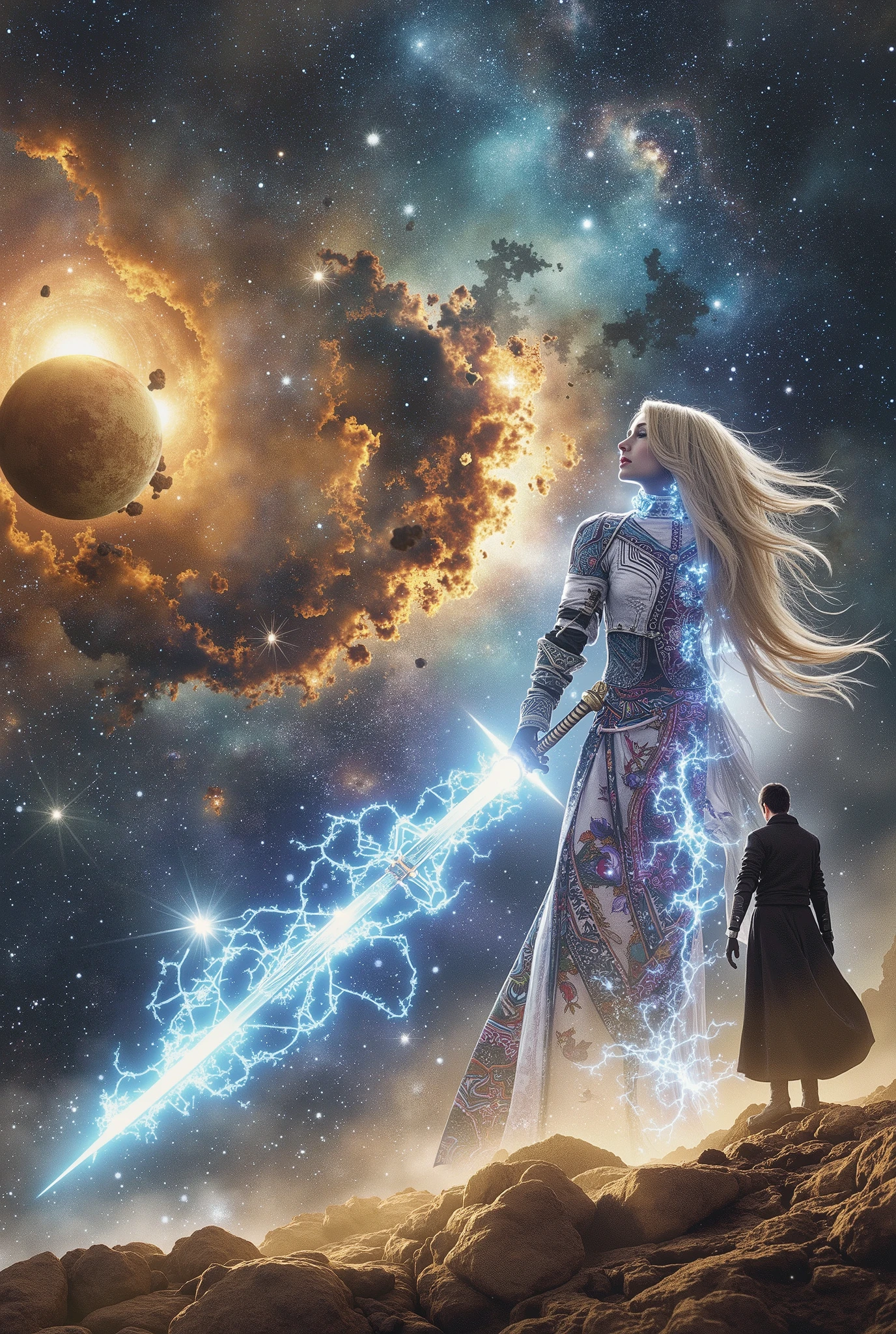 Galaxy Alice, alone, One male, standing, long hair, upper body, blonde, (8k, best quality, masterpiece: 1.2), (by Mr. Nomi, photo by Mr. Nomi: 1.37), very detailed, One Girl, Paladin Holding Light-Filled Sword, Wide-angle field of view, large chest, Hard, bouncing, Very fine depiction, Made with miniature paint, detailed depiction of face, detailed depiction of hair, correct skeleton, Intricate Patterned Dress