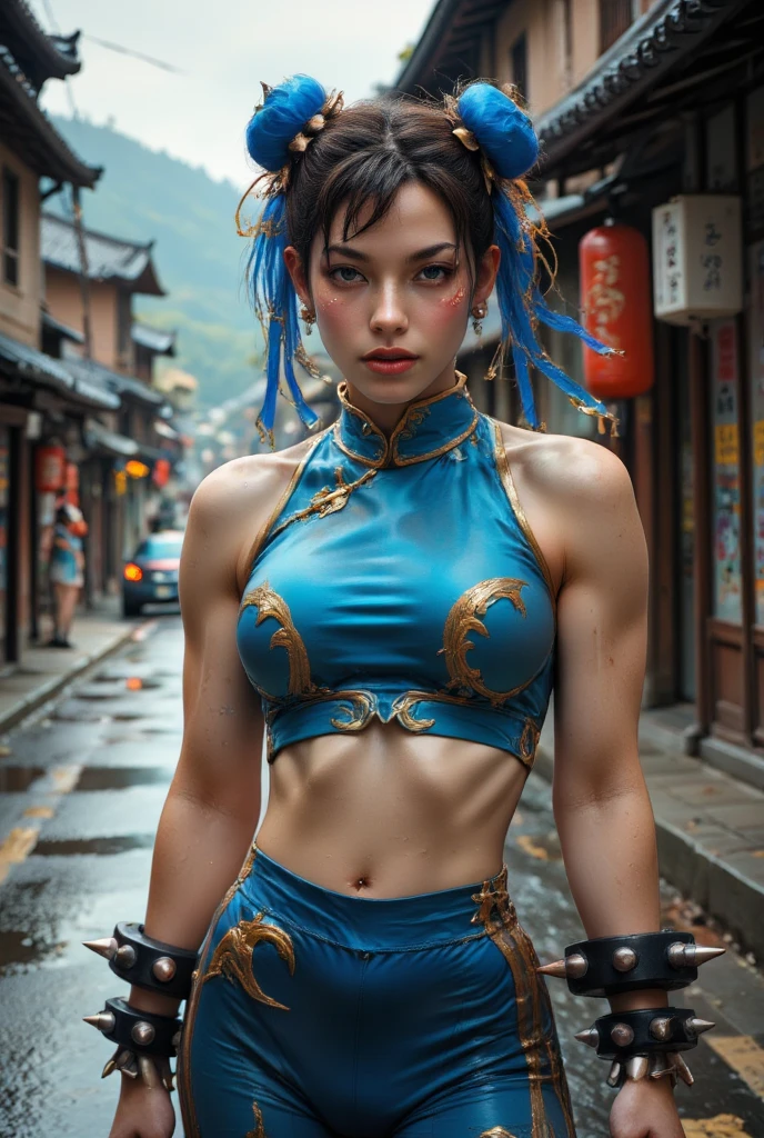 8k,On all foursの非常に大きな胸を持つアラフィフの女性, Very detailed, so beautiful(Like the real thing),Shining Eyes,Pale skin(Ultra-Realistic Skin),smile,Muscular and macho、And a slender devilish woman,Short blue mohawk(Blue Shorthair),Intense and strong abdominal muscles,Fan Art Best Art Station, うわー and Types of bacteria,  Types of bacteria, 2. 5d cgi anime Fantasy artwork, High quality and detailed art, Up to the model ,Photorealistic RAW photos of the highest quality。so beautiful(Like the real thing顔) Bright colors、Image of a perfect woman,Art Station Trends、masterpiece、Fantasy art、Ultra-high resolution,,Mr..々Pause,charm,sexy,Rich colors, Backlight, Cinema Lighting, Film Grain, to be born, 50mm lens, Nikon D850,compensate,Blue and white Arabian breastplate(Detailed Coat of Arms),In front of the ruins in the forest,View your viewers,Numerous tattoos all over the body(Accurate tattoo details),,Lean and muscular lower body,Blue and white sarouel pants,Big eyes,Muscular Beauty,Bodybuilding,Makeup,On all fours,sexy,