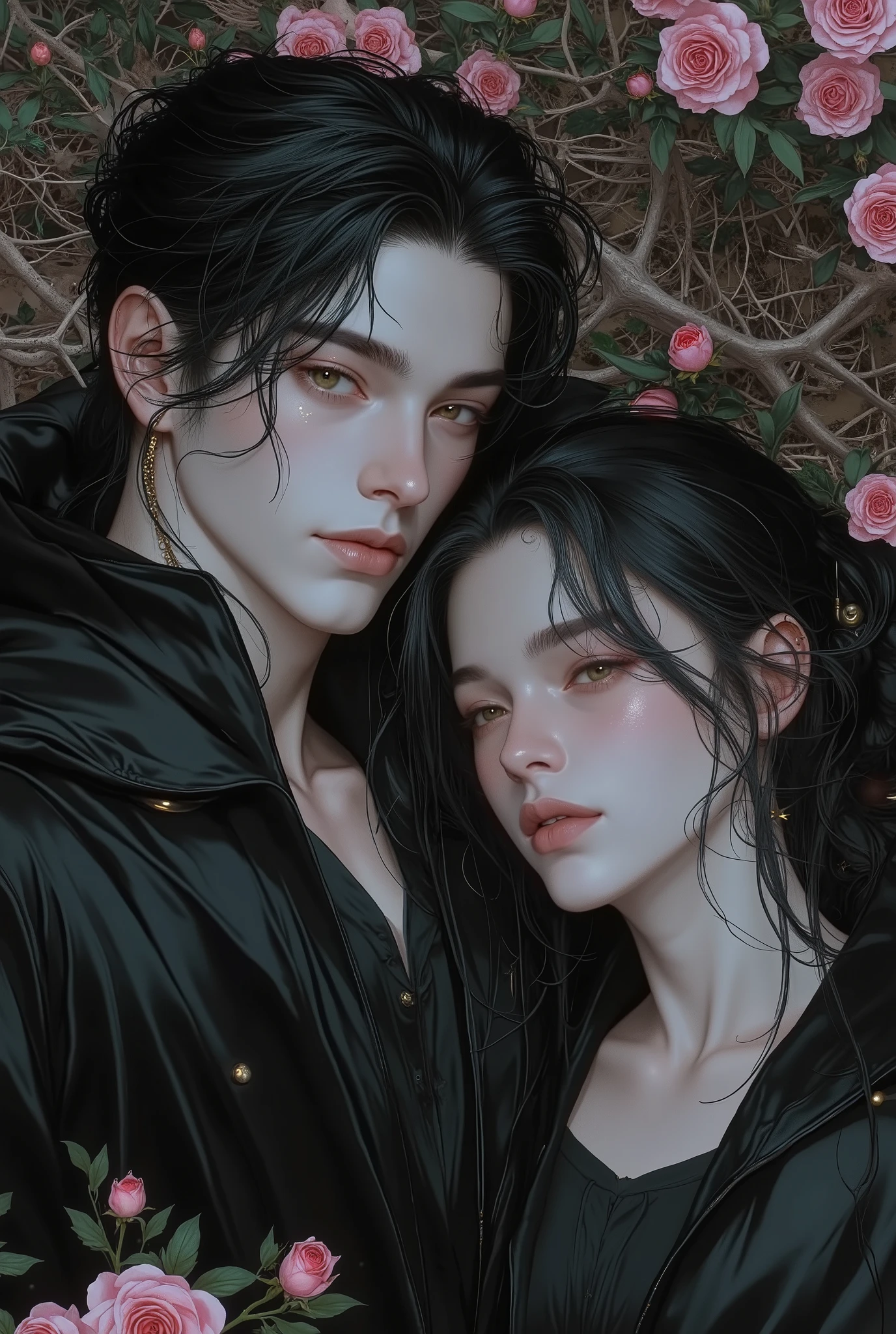 Ultimate Couple Contest! Ship your OTP—showcase their sweet fluff or angsty drama. Handsome young man and beutiful young girls lying in the bushes and thorns and beautiful old rose pinks flowers, top view camera. wearing jet black wizards robe and old rose pinks turttle neck shirt inside. oil painting, masterpiece, shadows, expert, insanely detailed, 4k resolution,