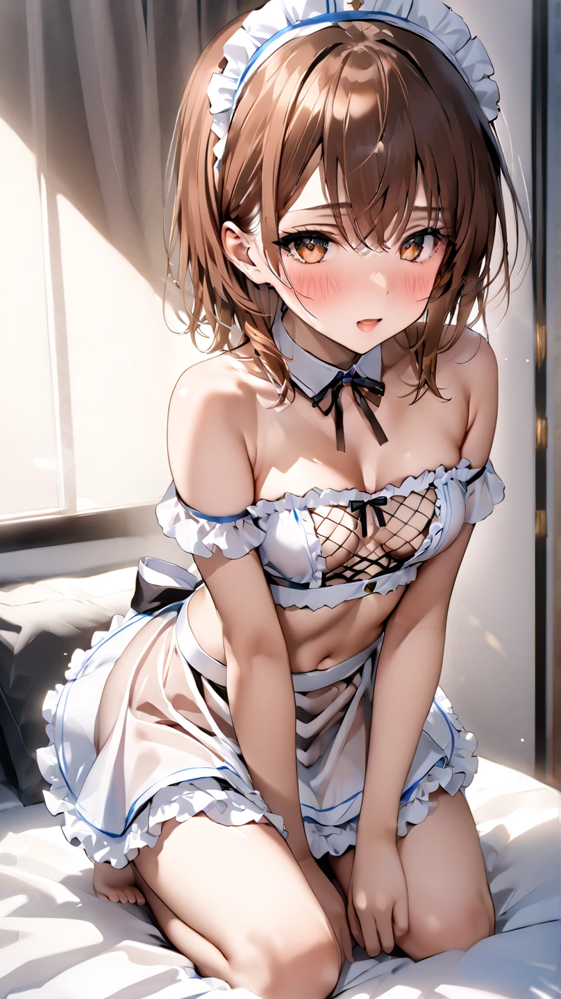 Solo Girl, 20-year-old,Medium Hair, Light brown hair, Mid-chest, highest quality, High resolution, Very detailed, Detailed Background, Perfect lighting、Extreme maid outfit、very cute, Blue eyes, a pair of cat ears, Blush, white silk socks, Lift up the skirt with your hand and show me the underwear, Pink underwear, lace,