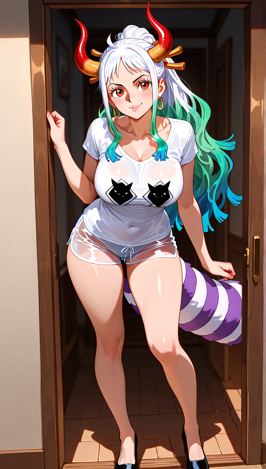 score_9,score_8_up,score_7_up,score_6_up, yamato \(one piece\), 1girl, solo, multicolored hair, jewelry, earrings, hair ornament, curled horns, long hair, oni, smile, rope, breasts, hair stick, blur background, open mouth, hoop earrings, bare shoulders, simple background, There is only one beautiful girl,Extremely refined,open your lips,Face is so red,The skin is very white,glowing skin,big eyes,Long flowing hair,beautiful girl, Like a dream,Slim,soft, (sensuous), (Kawaii), Dream quality,Just opened the door,Just finished taking a shower,Wipe your body with a bath towel,Thighs clamp hands,Completely naked,Wet body,Thigh fluid,Beautiful big breasts,No pants,Delicate clavicle,Delicate hands and feet,Bare neck,Bare thighs,Exposing the groin,Camel toe,Bare legs,barefoot,extremely shy,Ultra-high resolution, (masterpiece:1.2, best quality), (Delicate and beautiful eyes: 1.2), (Beautiful and delicate face)