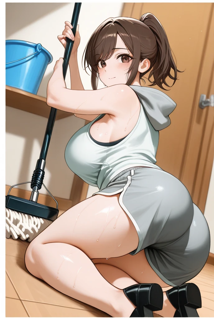 (masterpiece), best quality, (16k), expressive eyes, perfect face, office lady, 1 girl, solo, huge breast, navel, ((topless)), (((wet cobalt blue solid pencil mini skirt))), bare arms, bare legs, shiny skin, wet body, indoors, in the shower room, brown hair, lower ponytail, wet hair, brown eyes, standing, smile, :D, (cowboy shot), from behind,