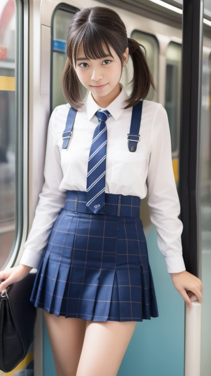 (on the train、An 18-year-old female attending school:1.5)、(Holding on to a strap:1.2)、(The best quality at its best:1.4), (Super detailed), (Very detailed CG unified 16k), Beautiful woman with perfect figure: 1.4, Sharp focus: 1.2, Very detailed, High-quality RAW color photos, Professional photography, Great face and eyes, cosmetics, (Amazingly beautiful girl), ((school uniform、Checkered mini skirt:1.5)), Sexy posture,(View from below), Realistic movie faces, Wide zoomed out view of head to foot length, Full body long view, Realistic, ((Realistic natural orange red hairstyle, Realistic blue eyes)), ( Short Bob Hair:1.5), (necklace:1.5)、, Very beautiful face, Perfect model beauty, Mouth swelling, Highly detailed face and skin texture, Fine grain, double eyelid, Medium chest, smile, Crack, west, (masterpiece), highest quality, High resolution, Very detailed, Blurred Background, Depth of written boundary, Cinema Lighting, Great legs, , Clear, well-maintained skin, (((Women make up the majority of the photo)))