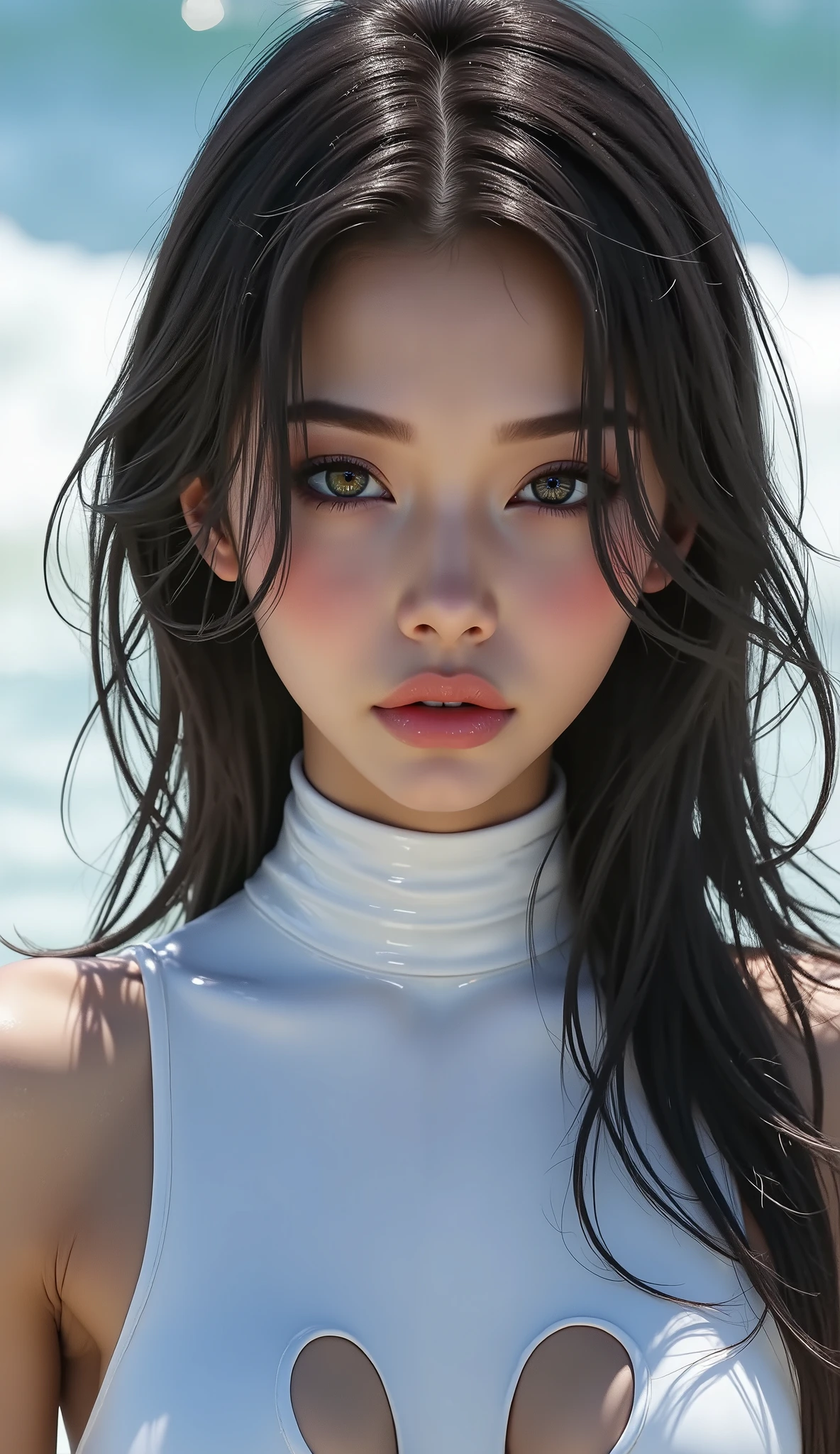 A (1 girl: 1.3)24-years-old、with perfect figure Full body shot, ((Ultra-realistic最high quality、 8K、 The ultra -The high-definition))、(photorealistic: 1.75)、(Realistic: 1.75 )、(tmasterpiece)、((absurdres))、 ((sharp focus))、((perfect figure))、((Very detailed facial and skin textures))、(Realistic faces)、Original photo、(Very beautiful and detailed face :1.43)、(very detailed eyes: 1.35)、(very detailed lips: 1.21)、(very detailed nose: 1.mall head: 1.4))、 full body esbian、((High Contrast))、((Erotic:1.6))、(((dynamic random fancy, professional hairstyles:1.32)))、((random expressions))、(firm full breasts:1.44)、 (narrow waist:1.3)、medium ass、 beautiful cheekbones、 (slim belly: 1.3)、((well-muscled body:1.3))、 ((slim face)), ((anatomically correct)), Wetty, Wet hair, (((surfing on waves:1.44))), (Ride a colorful surfboard:1.45), ((very intricate design of bodysuits:1.34)), (Super Shiny white Latex Bodysuit:1.3), (Ultra-tight fit bodysuit with super reflective:1.35)、 Landing of the winner in the international surfing competition、Looking at Viewer, Sunlight,