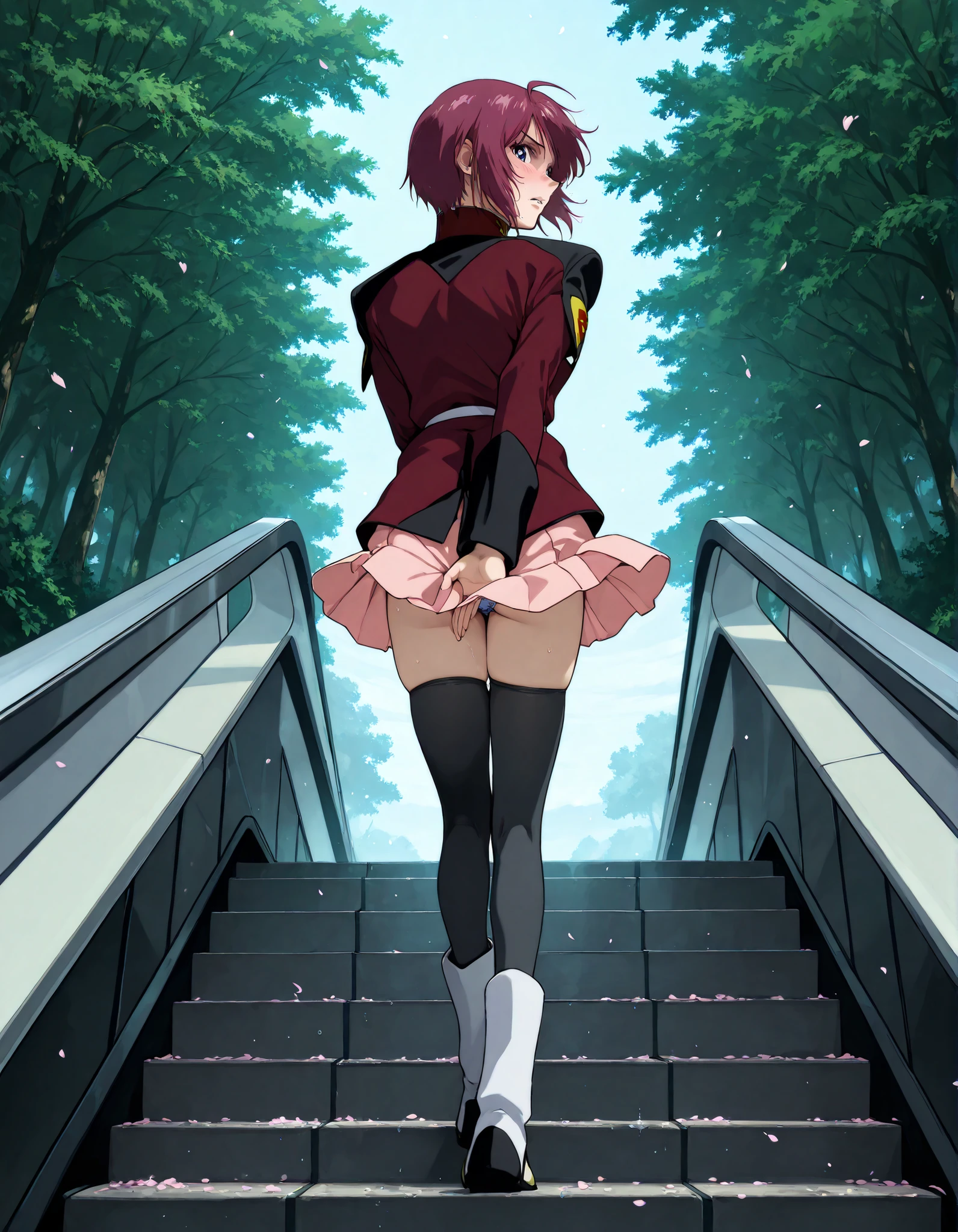 score_9, score_8_up, score_7_up,BREAK,masterpiece, best quality, absurdres,A very detailed and Hi-Res image,1girl,(solo),21 years old, (beautiful and detailed face),1girl,destiny jacket,LunamariaHawke,((destiny jacket)),((red military_jacket)),white shirt under the military_jacket,open military_jacket,((wet white shirt)), (((pink_skirt))),pleated skirt,indigo frill trimmed bra under the wet white shirt slightly visible,indigo panties under the skirt, (((black_thighhighs))), boots,white footwear,((lunamaria)),1girl,solo,blue eyes,red hair,short hair,ahoge,,eyebrows,NSFW,; quality\(8k, Hi-Res, top- quality, top- quality real texture skin, super realistic, increase resolution,RAW Photo, very detailed, wallpaper, golden ratio,vibrant,{{breathing}},full body,(Watery eyes),{Wet body}, (Like a subtle blur),bokeh,(nape of neck),(grimace),blush,(score_9_up, score_8_up, score_7_up, best quality, movement, motion blur, source_anime, full body, BREAK depth of field, foreshortening, extreme perspective, anime wallpaper,panty shot,light particles, cinematic lighting,Visual impact,ultra-realism, anime style, dreamy psychedelic anime, looking at viewer, Elegant outfit, perfect figure, beautiful breasts, The background is a dark forest clearing illuminated by faint blue light, with falling cherry blossom petals swirling around, adding a sense of elegance and tension,forest,(((wind blow))), (((wind blows lift up skirt:1.45))),(((Keep skirt from blown up wind))),covering privates, from behind,escalator , covering ass, standing , on the earthen stairs , climbing stairs , hand behind back,((hand covering skirt)) , from behind , from below ,panties , panties digging in, low angle , Scenery from a low angle ,thighs , sexy,{embarrassed}, looking back down , looking at viewer ,forest ,lake, (((holding down her skirt )))