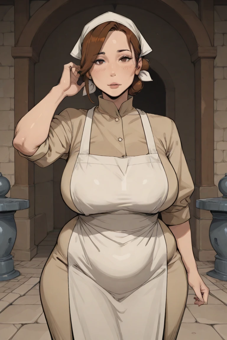 a chubby housewife wearing an exquisite suit, holding food in her hands and smiling, 8k, highly detailed, photorealistic, warm lighting, soft colors, cozy atmosphere, cinematic composition