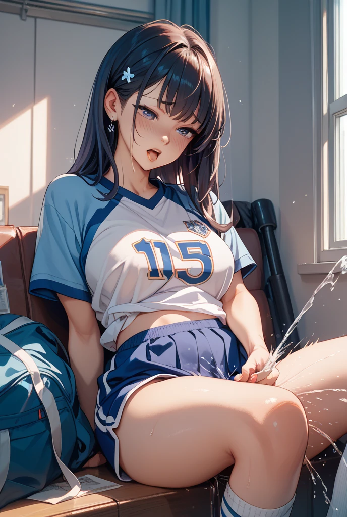 masterpiece,best quality,ultra detailed,
Japanese adult cute woman,((blonde and brown hair)), ((very short hair)),wavy hair,hair over one eye,((thighs, sad, crying, tears)),pale skin,makeup,(lipstick:1.1),(eyeliner:1.2),mascara,eyeshadow,entangle the tongue,large breasts,((soccer uniform)),school knee-high white socks,((restrained,shackles)),missionary position,((1man and 1woman,having sex)),((lying in bed,bird’s eye view)),Skirt, Spread your legs, {{Ejaculation on face}},_in_mouth,_on_hair, Ejaculation on chest, Whole body, (((Thick white liquid on face))), (Thick white liquid on the body) , ((body is wet)), ((wet thighs)), (((thick white liquid dripping from the body)))), ((arms up behind head, Hands tied behind the back))