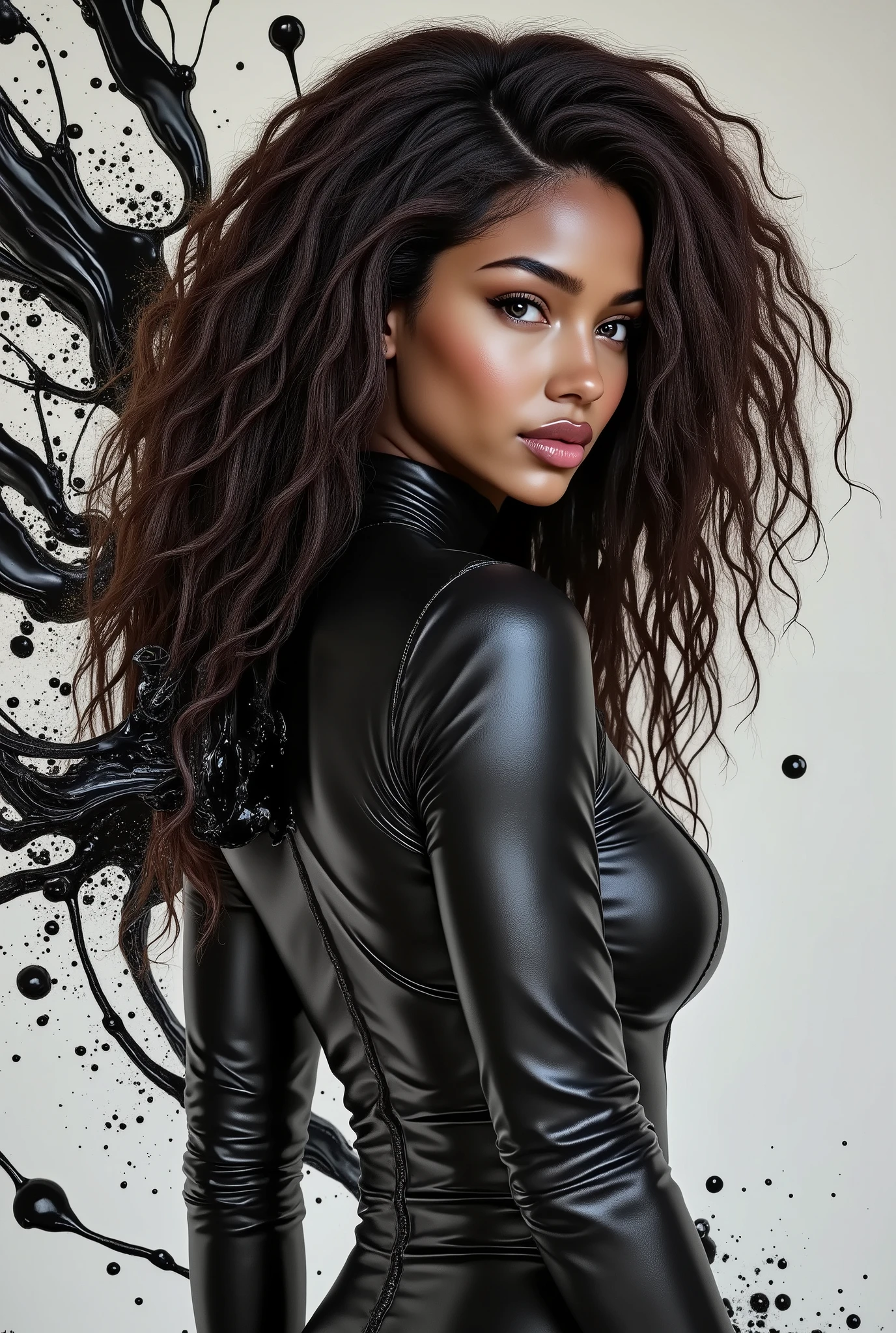 beautiful mixed-race woman, Flow of black ink, Resolution 8K, a photorealistic masterpiece by Aaron Horkey and Jeremy Mann, confusingly detailed fluid gouache painting by Jean Baptiste, Professional photography, daylight, volumetric lighting, Maximalist, Resolution 8K, conceptual art, confusingly detailed, difficult, elegant, expansive, Fantastic, lid