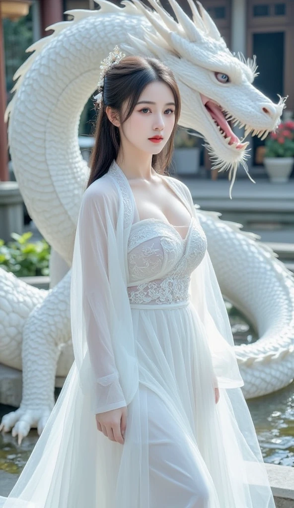 (extremely heavy breasts)、highest quality、masterpiece、ultra high resolution、（white dragon armor）、(((Metal製))),(((big breasts)))、(((detailed white micro bikini))),(she wears a beautiful crown made of precious stones.),(Photoreal:1.4)、RAW photo、1 girl、(((random hair))、(((color々take a pose)))、glowing skin、(((black chinese dragon)))、intricate and gorgeous hair ornaments、（Looks like a gorgeous jewelry necklace）、（someone who looks at you calmly, Eyes like a goddess.）happiness:1.2)、（metal bikini background)).((beautiful sea background))、cliff、(ruins background)、((Super realistic details))、portrait、global illumination、（sexy pose）、Shadow、octane rendering、16K、big breasts、Raw skin exposed in the cleavage、Metal、intricate decorative details、Japan details、very intricate details、realistic light、CG Society Trenlow Eyes、Eyes shining towards the camera、（veil）、(((heavy big))),Shining eyes shine、armpit、24K,