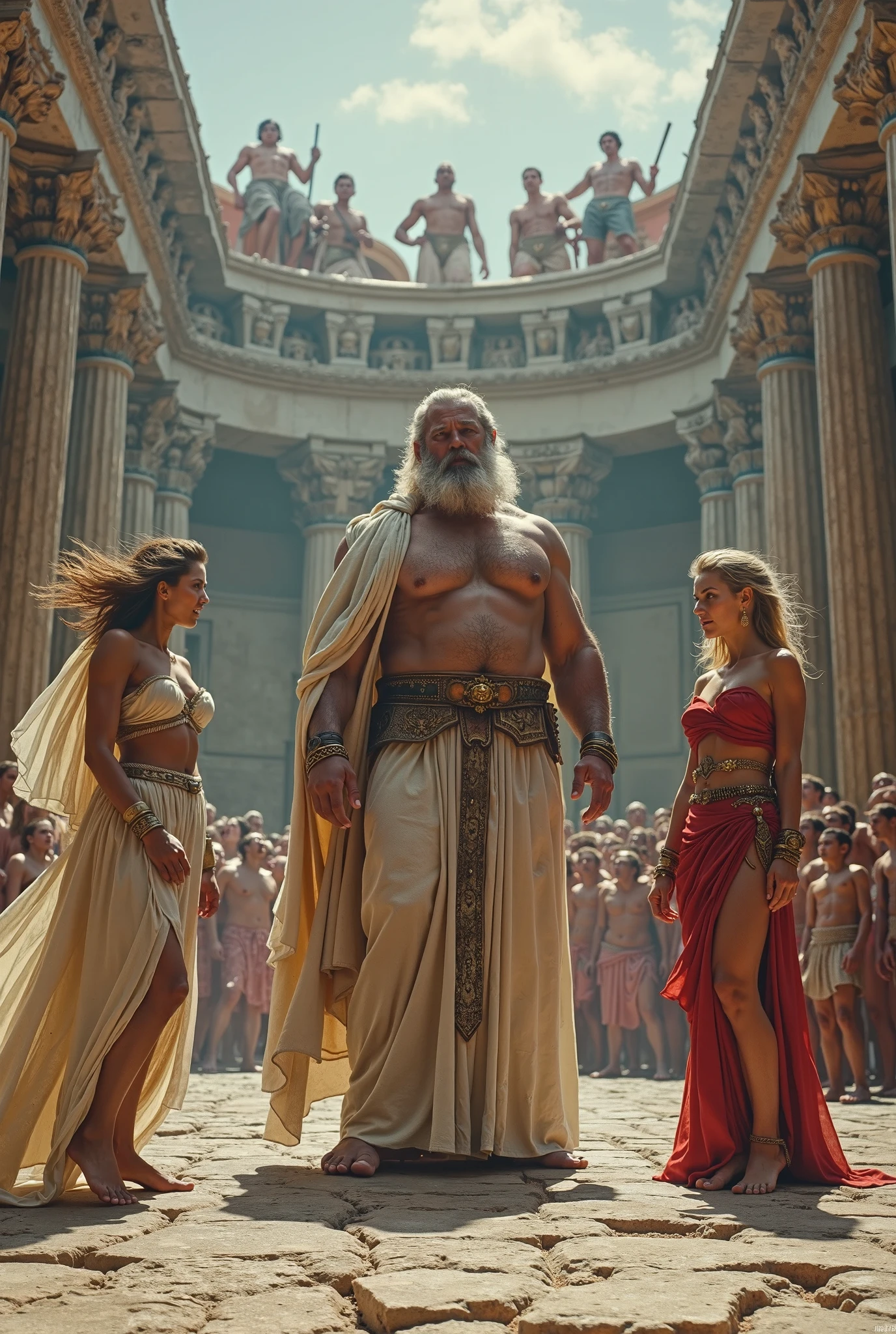 two mens, an 18 year old young man, short red hair , wearing jeans and a white t-shirt, lean, muscular body and red hair,  and a man with long, white hair and a youthful appearance, around 30 years old, look like henry cavill, with animal leather pants, bare chest and holding a sword,  muscles in a hall facing an old king sitting on his throne looking in love
