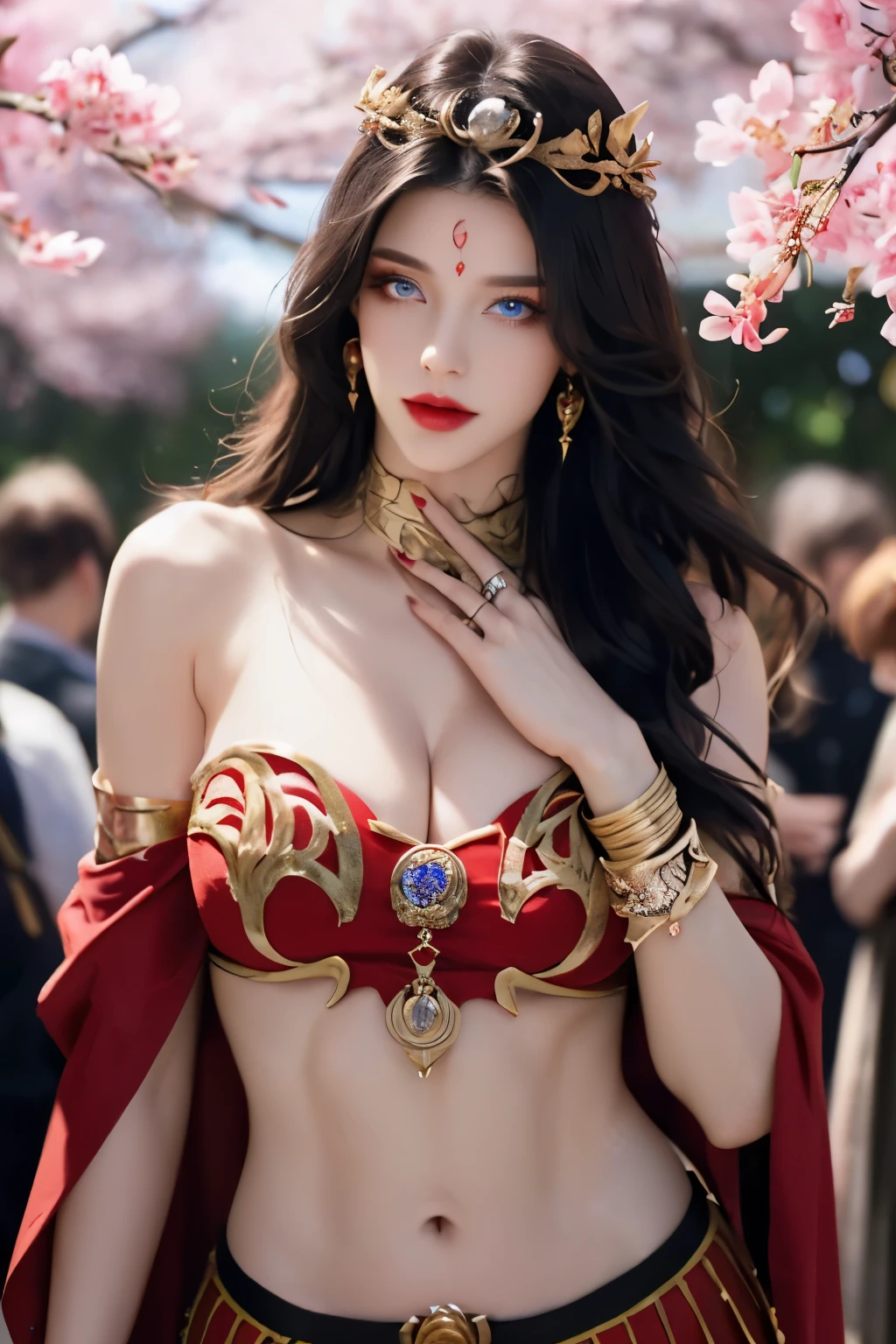 Photorealistic, high resolution, 1 woman, hips up, Beautiful eyes, Long hair, ringed eyes, jewelry, medusa, red dress