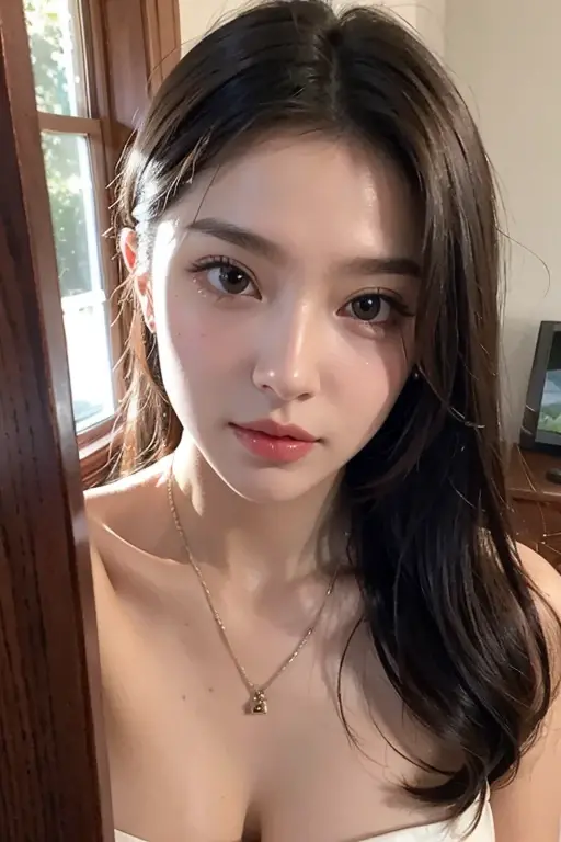 Low lightning, 1girl, Beautiful Women with Perfect Figure:1.4, Slim abs:1.1, ((dark brown  hair)), (naked:1.4）,（exteriors，during night：1.1），lying in bed on her back，shy expression, satisfy, Ultra-fine face，Fine eyes，二重まぶた，Leaks out the entire delicate breast