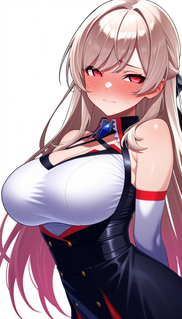 8k，best quality，masterpiece，Very detailed，Semi-realistic，a girl，White off-shoulder top，White gloves，White and red striped tight skirt，silver short hairstyle，Red eyes，Makeup Eyeshadow，Lipstick，Smile，science fiction apocalypse，Fighter warehouse，chest mecha，Large Breasts，Arm mecha，Mecha belt
