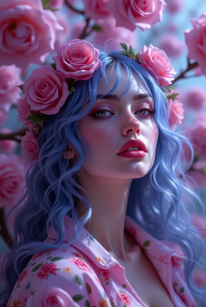 Very detailed, Seductive erotic women sweating, small Breasts covered with rose petals, (plump, pink/Blue Hair), Face Focus, Complex eyes, in a flowered garden, at night