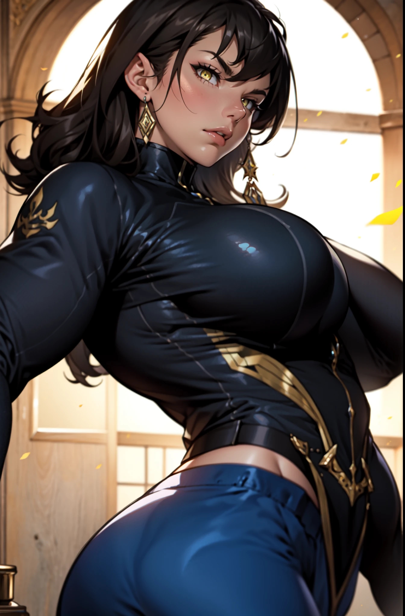 anime, (toned:1.2), (strong shoulders:1.1), huge breasts, hair, thick dark eyebrows, black hair, korean, eyeliner, eye shadow, pretty face, lips, toned, large traps, realistic, high quality, realistic, textured skin, skin pores, light rays, god rays, oily skin, rim lighting, nipples, bokeh background, blurry background, fcPortrait, (bodybuilder shoulders:0.9), deltoid