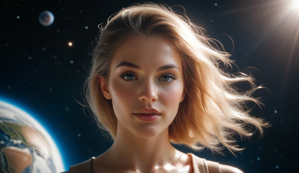 Visions of a female in a living star., looking at the camera.