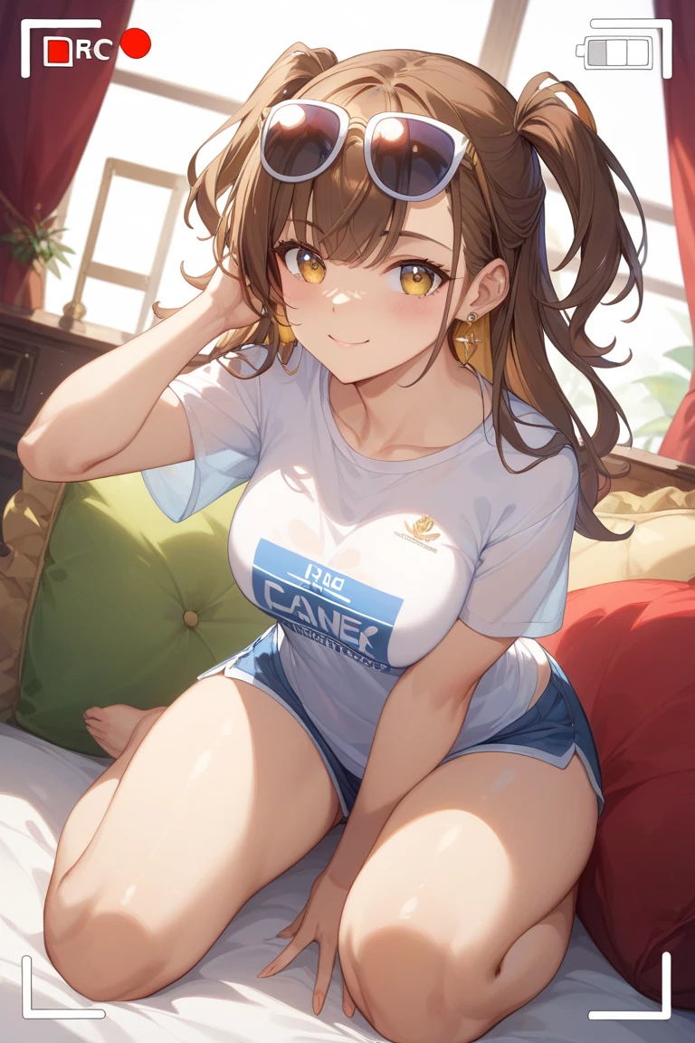 ((masterpiece)), ((best quality)), (ultra-detailed), ((extremely detailed)), 4K, (8K), flat color, heavy outline, sharp outline, 1girl, solo, side view, profile shot, 13 years old stunning cute girl, light brown french braid hair with bangs, yellow bikini with jacket, under boob, computing in cyberpunk style bed room, view from round shaped window, rainy night, neon glow