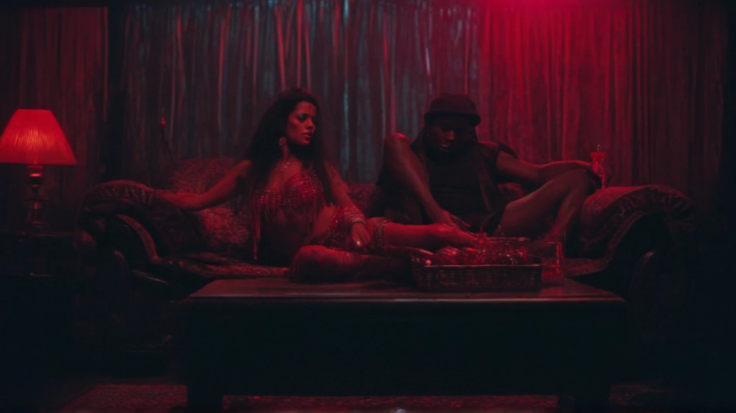 Mexican woman, 13 years, Brown eyes, in orange robe showing huge breasts, showing legs, fox ears, Fox tail, sitting on the massage table, in luxurious spa, with candles, with champagne bottles, In the background, a 55-year-old man in a white robe is talking to two women in blurred fluorescent green lingerie., dark background with warm light, In the background a golden tantric figure, open socket