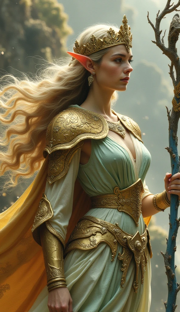 An incredibly beautiful young femme blonde with dark blue eyes, she has short golden-wheat hair, decorated with flowers, jewelry, she is a goddess, she wears the clothes of the goddess Gaia. She stands on the top of the mountain, holding a sword in her hands, strong wind pores ruffle her hair and clothes. Realistic image. Masterpiece, perfect image, realistic photos, full-length image, 8k, detailed image, extremely detailed illustration, a real masterpiece of the highest quality, with careful drawing. short golden-wheat hair.
