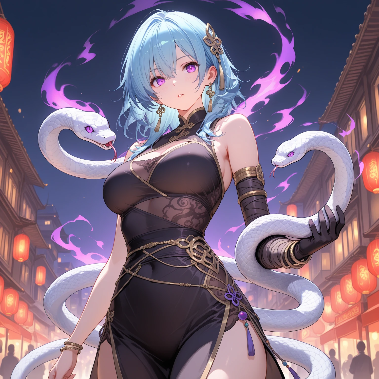 Transformed into a white snake, smiling
