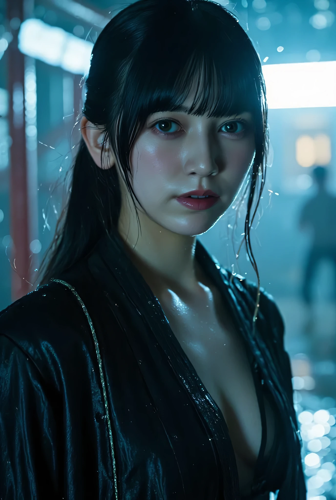 (((Futuristic city on a night of heavy rain:2.0))),(((HR Gigger-like cyberpunk Atmosphere:2.0))),(((holding in an assault rifle:2.0))),((((full body to toe:2.0)))),one woman,(cute face:1.7),(Beautiful well-balanced face :1.7),(((Mine Makeup:1.7))),(wavy dark hair:1.5),(Beautiful Eyes:1.3),glamorous shot of a 20-year-old Japanese woman,beautiful slender body,((Model Body:2.0)),((slim body:1.7)),perfect body line,ideal proportions,((Big breasts:2.0)),((スリーサイズ90-58-86:3.0)),((F cup breasts:1.5)),big ,Bare thighs,Sensual Thighs,delicate body,(Glutinous meat:1.7),Harmonious posture,((Realistic breast depiction :1.7)),carefully depicts limbs based on perfect anatomy,((Futuristic Samurai Style Black Super High Leg Leotard:2.0)),((Super high-leg leotard:2.0)),((Military coat style black kimono with the front open on top of a leotard:2.0)),((Tactical Holster:1.5)),(Gloves:1.3),((((Coarse mesh fishnet stockings:2.0)))),concept art,(top quality:1.5),(masterpiece:1.5),(超高Resolution),Resolution,UHD,(delicate depiction),carefully drawn,32k,((realistic skin texture:1.5)),((pale skin:1.7)),(((super realistic:1.5))),carefully drawn eyelashes,very detailed face,highly detailed female hands, Sexy appearance ,very sensual,(Blurry, dim background:1.5),PROFESSIONAL PHOTOGRAPHY,(Cinematic Lights:2.0),((Blade Runner Style Lighting:2.0))