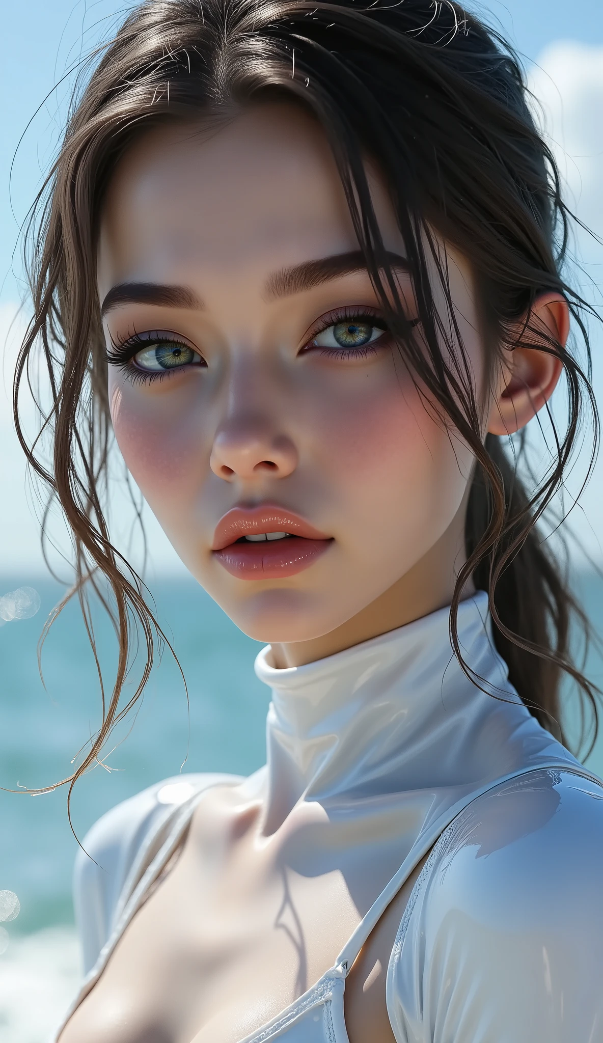 A (1 girl: 1.3)24-years-old、with perfect figure Full body shot, ((Ultra-realistic最high quality、 8K、 The ultra -The high-definition))、(photorealistic: 1.75)、(Realistic: 1.75 )、(tmasterpiece)、((absurdres))、 ((sharp focus))、((perfect figure))、((Very detailed facial and skin textures))、(Realistic faces)、Original photo、(Very beautiful and detailed face :1.43)、(very detailed eyes: 1.35)、(very detailed lips: 1.21)、(very detailed nose: 1.mall head: 1.4))、 full body esbian、((High Contrast))、((Erotic:1.6))、(((dynamic random fancy, professional hairstyles:1.32)))、((random expressions))、(firm full breasts:1.44)、 (narrow waist:1.3)、medium ass、 beautiful cheekbones、 (slim belly: 1.3)、((well-muscled body:1.3))、 ((slim face)), ((anatomically correct)), Wetty, Wet hair, (((surfing on waves:1.44))), (Ride a colorful surfboard:1.45), ((very intricate design of bodysuits:1.34)), (Super Shiny white Latex Bodysuit:1.3), (Ultra-tight fit bodysuit with super reflective:1.35)、 Landing of the winner in the international surfing competition、Looking at Viewer, Sunlight,