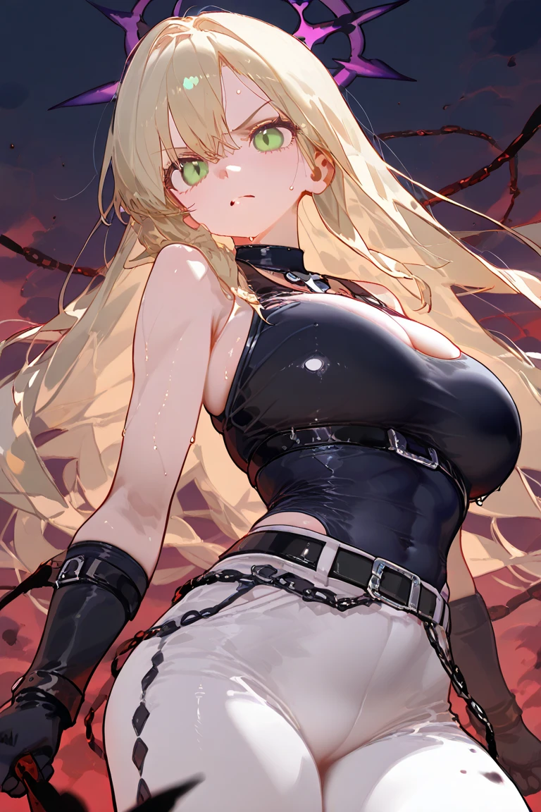 (masterpiece:1.7), (Very detailed:1.7), (Highest quality:1.5), (animeの女の子:1.5), anime, Blonde, Long Hair, (Red eyes:1.5), (Detailed drawn eyes:1.8), (Very detailed eyes:1.8), ((Huge breasts:1.7)), View your viewers, (Leather clothing,:1.6), (Tight clothing:1.5), whole body, (Ultra-high definition face), (Very detailed face:1.4), (Curvy), (Big Hips), Beautiful body, Beautiful Face, chest proportion, Narrow waist, Glowing Skin, Soft Breasts, (sword on waist), (Female Knight), (sword), Fully clothed, comfortable, Leather clothing