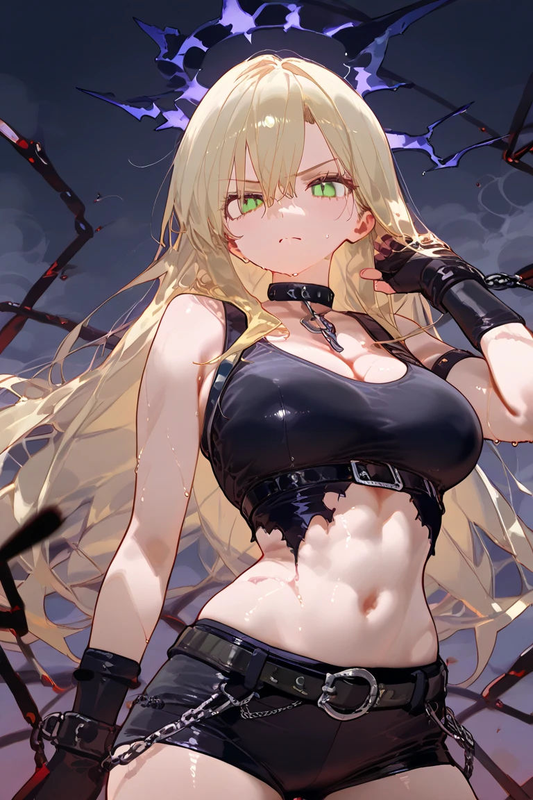 masterpiece, Highest quality, One person, alone, Adult, Blonde, Long Hair, Earrings, Pink Eyes, Detailed face, White crop top, Large Breasts, Shorts, Arm belt, In front of the viewer, Empty look, 