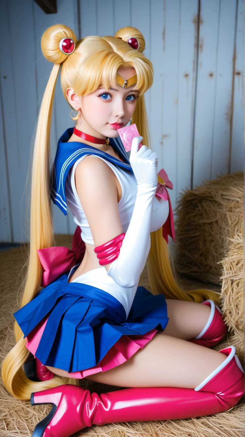 (Best Quality, Ultra High Resolution, Masterpiece, RAW Photo, Realism: 1.6), 16K, ((Sailor Moon Sailor Moon Costume: 2)) from Sailor Moon, (1 Japanese women cosplay Sailor Moon), (huge: 2, thick thighs: 3), (blue miniskirt: 2, long white-blonde hair: 1.8, white stockings, mature smile), kneeling, white background, red thigh high boots, full body shot, wide angle view, squatting, small red bow