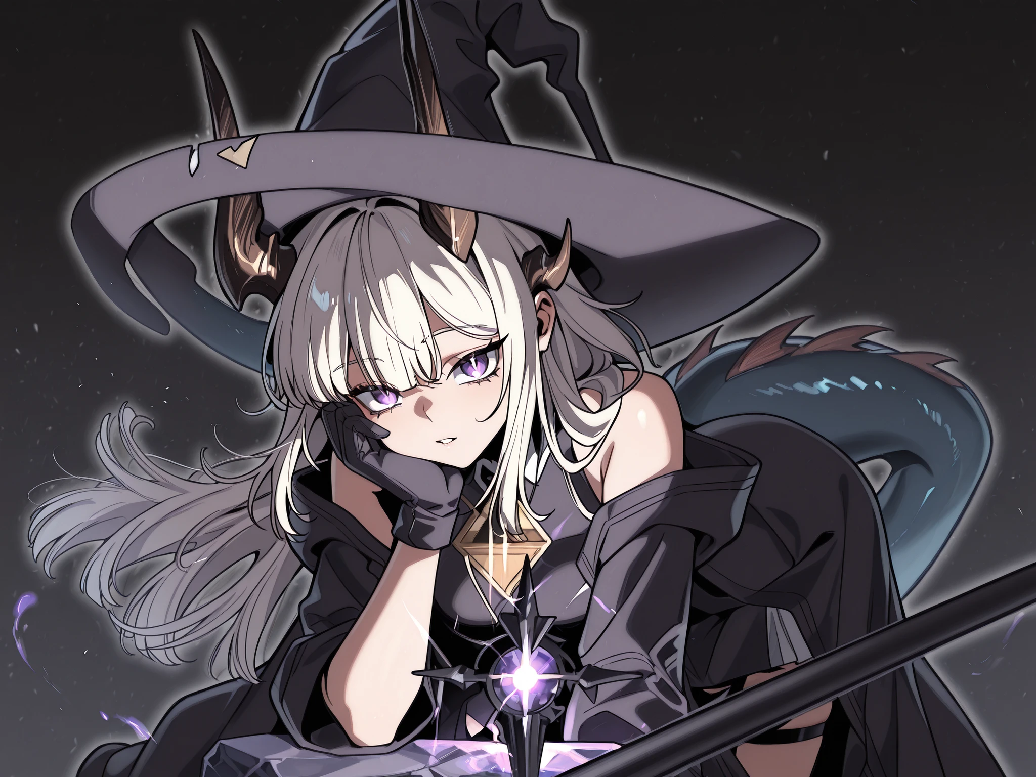 alone, 1 girl, facing the viewer, white hair, hairstyle of Lucy Mayreel from "The Extra's Academy Survival Guide", body of Lucy Mayreel from "The Extra's Academy Survival Guide", purple eyes, long bangs, perfect anatomy, student, long black horns like Reed The Flame Shadow from "Arknights", black dragon tail with purple flame at the tip of its tail, young, perfect body, young, sensual, perfect and beautiful face;
a black coat like Dusk from "Arknights", coat with gold details, black and sexy Chinese dress (The dress must be black), exposed arms, black arms with purple spots, hands with claws, black hands with purple spots, black tail with purple flame at the tip, wearing a large wizard/witch hat on her head with the horns passing through the hat like Reed The Flame Shadow from "Arknighst", purple runic markings on her shoulders and thighs, black dragon tail with purple flame on the tip, hands and arms like Nian's from "Arknights" but in black with purple spots (same for feet and legs), black dragon tail;
facing the viewer, face to face, black background, sexy pose, big butt, medium breasts;
holding a large black wooden magic staff with a huge purple stone on top;
attacking position (holding a large black wooden magic staff with a huge purple stone on top), shoulders and head exposed, close to the face, looking at the viewer, face to face, confidence, cute expression, attacking position (holding a large black wooden magic staff with a huge purple stone on top);
Pay attention to the necessary colors, maximum resolution, black dragon tail with purple flame on the tip, showing the character standing, showing the whole body;
an image +18, a sexy image, body of Lucy Mayreel from "The Extra's Academy Survival Guide", height of Lucy Mayreel from "The Extra's Academy Survival Guide", small character, short height character, body 1.50 meters tall, short character, small character, character;