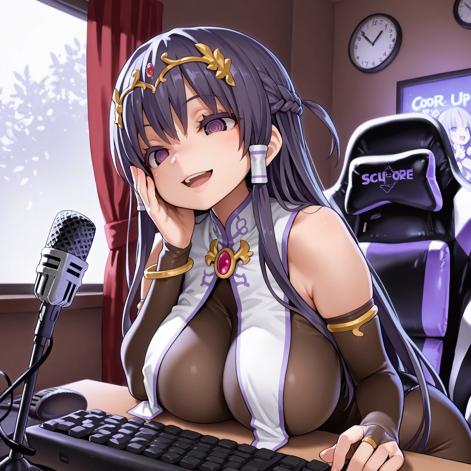 Anime illustration、highest quality、cyber punk、Cyberspace Hideout、Voluptuous female virtual YouTuber、Perfect proportions、Pigtails、Aquarium、Dragon Palace、Luxury Casino、Gaming Chair、smile、Big Breasts、Thick thighs、Cowboy Shot、Leg spread