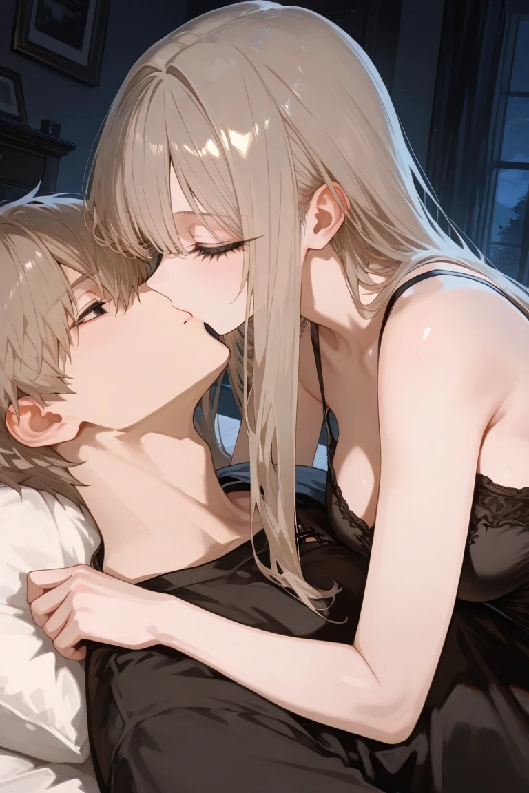 ((Highest quality)), ((masterpiece)), (detailed), （Perfect Face）、The woman is an Extia with medium-long brown hair, wearing a gorgeous black wedding dress with gold embroidery and trim, a black wedding veil, and an engagement ring.、The man is the evil leader, Naioro, a handsome man with medium-long blonde hair.、On a luxurious bed, the brunette woman, Extia, is lying naked on top of the handsome blonde man, Naioro, with his long blond hair, and they are happily having sex in the cowgirl position, making love to each other deeply.、A man and a woman are a deeply loving couple
