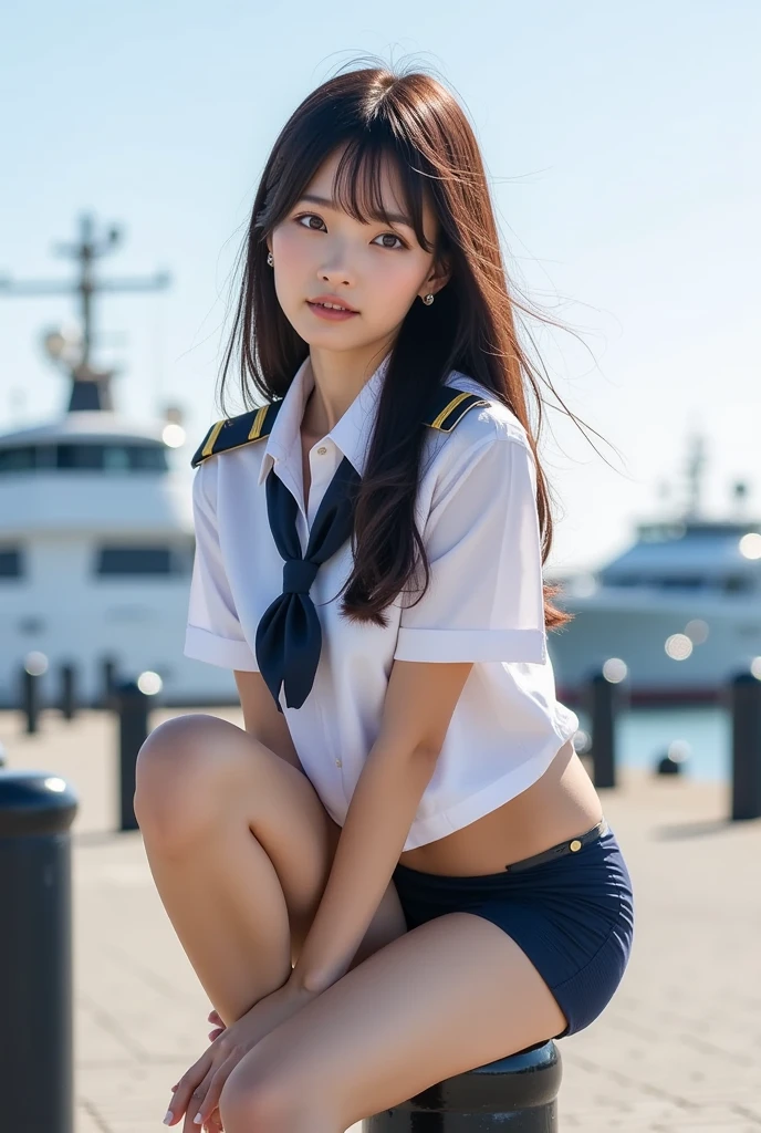 ((best quality)), ((masterpiece)), (detailed), 1girl, beautiful straight black long hair , beautiful smile ,sexy pose ,standing position , white sailor jacket , top crop ,short pants , on the yacht , sea background , sailor hat