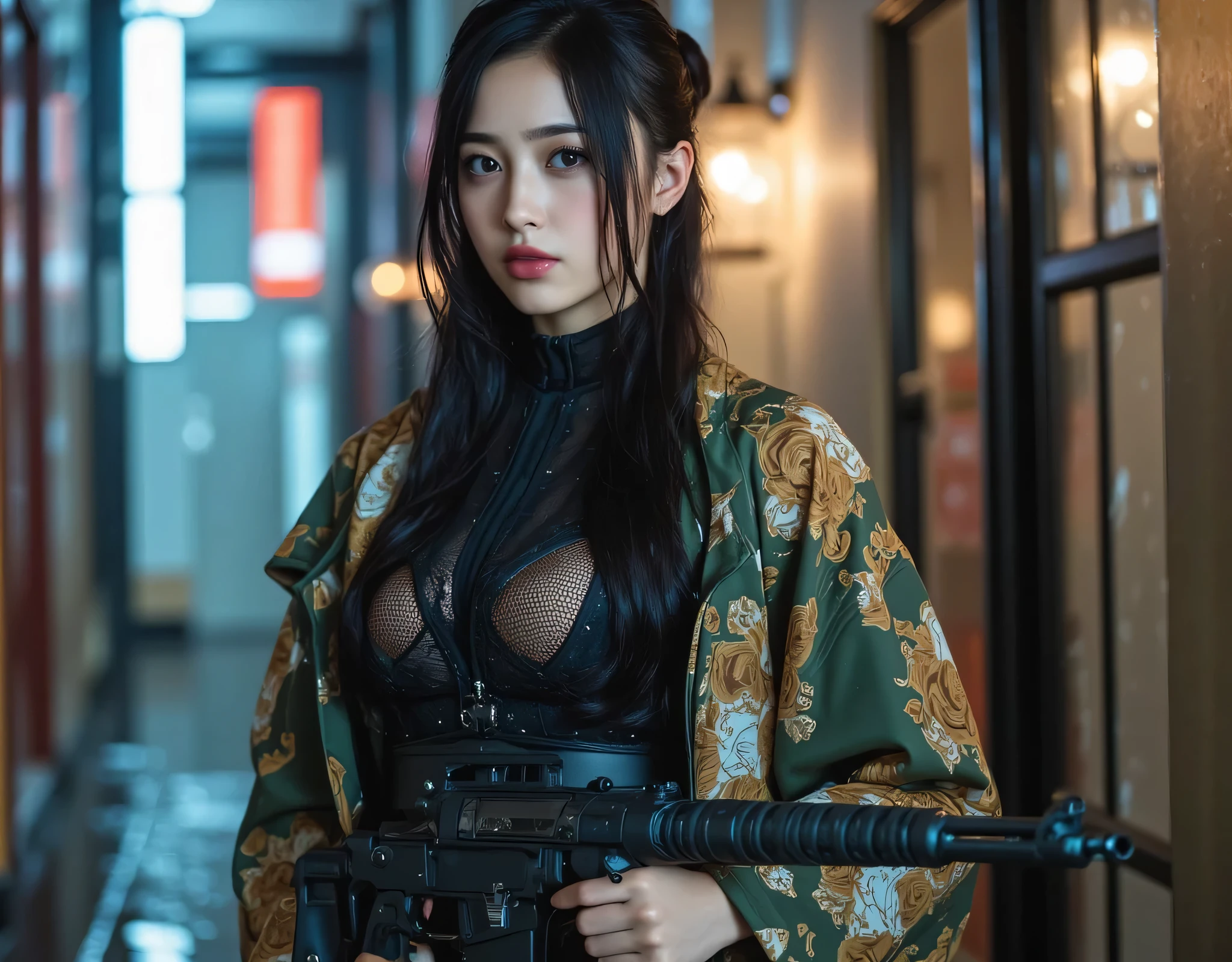 (((Futuristic city on a night of heavy rain:2.0))),(((HR Gigger-like cyberpunk Atmosphere:2.0))),(((holding in an assault rifle:2.0))),((((full body to toe:2.0)))),one woman,(cute face:1.7),(Beautiful well-balanced face :1.7),(((heavy makeup:1.7))),(wavy dark hair:1.5),(Beautiful Eyes:1.3),glamorous shot of a 20-year-old Japanese woman,beautiful slender body,((Model Body:2.0)),((slim body:1.7)),perfect body line,ideal proportions,((Big breasts:2.0)),((スリーサイズ90-58-86:3.0)),((F cup breasts:1.5)),big ,Bare thighs,Sensual Thighs,delicate body,(Glutinous meat:1.7),Harmonious posture,((Realistic breast depiction :1.7)),carefully depicts limbs based on perfect anatomy,((Futuristic Samurai Style Black Super High Leg Leotard:2.0)),((Super high-leg leotard:2.0)),((Military coat style black kimono with the front open on top of a leotard:2.0)),((Tactical Holster:1.5)),(Gloves:1.3),((((Coarse mesh fishnet stockings:2.0)))),concept art,(top quality:1.5),(masterpiece:1.5),(超高Resolution),Resolution,UHD,(delicate depiction),carefully drawn,32k,((realistic skin texture:1.5)),((pale skin:1.7)),(((super realistic:1.5))),carefully drawn eyelashes,very detailed face,highly detailed female hands, Sexy appearance ,very sensual,(Blurry, dim background:1.5),PROFESSIONAL PHOTOGRAPHY,(Cinematic Lights:2.0),((Blade Runner Style Lighting:2.0))