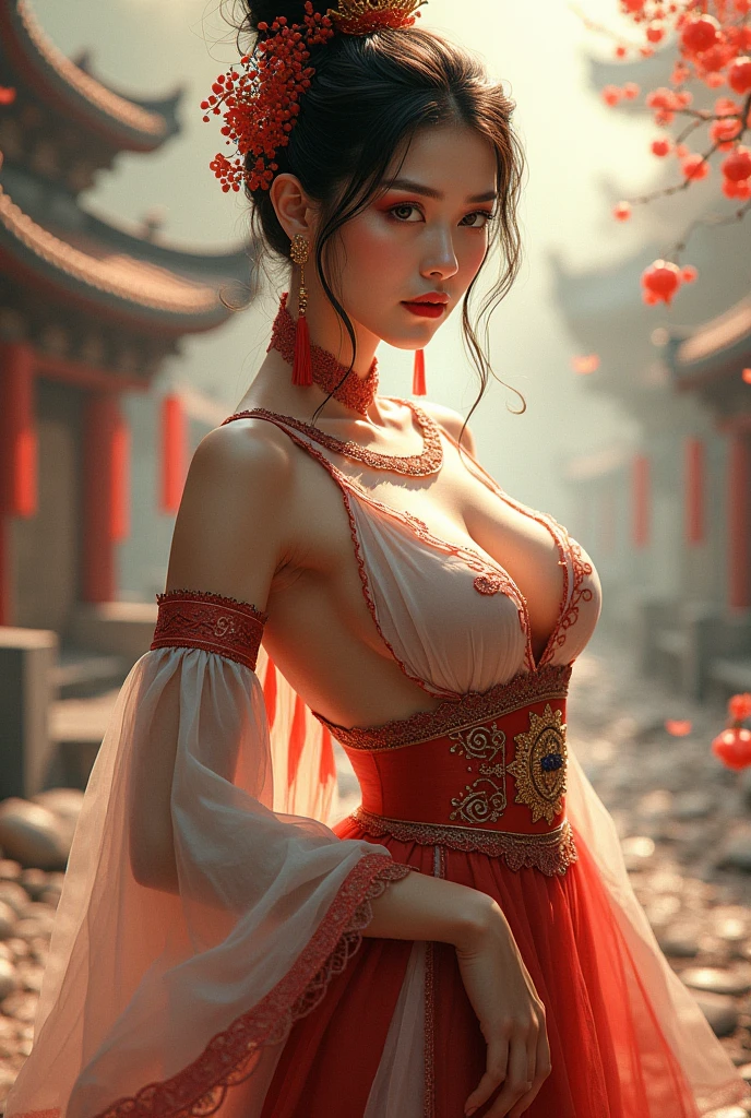 Highly detailed CG unit 8k wallpaper, masterpiece, High resolution, of the highest quality, of the highest quality real texture skin, super real, Digital paint, Better image quality, 最High resolution, 8k, ((very detailed eyes and face)), 1 girl, Beautiful eyes every detail., full body shot, (((sagging breasts, Gravity-dependent breasts, long chest, heavy chest, ))), ((Disproportionate breasts, huge breasts, Saggy breasts, giant breasts)), Chinese style embroidery, chinese dress, chinese dress, Ancient China, naked body