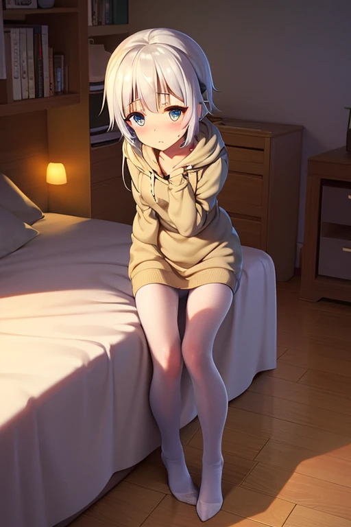 (Tabletop, Highest quality, Super detailed), One Girl, Purple eyes, Blonde Hair, Dark Skin, Short Hair、Perm Hair、((loose socks))、(Bedroom)、(長いloose socks)