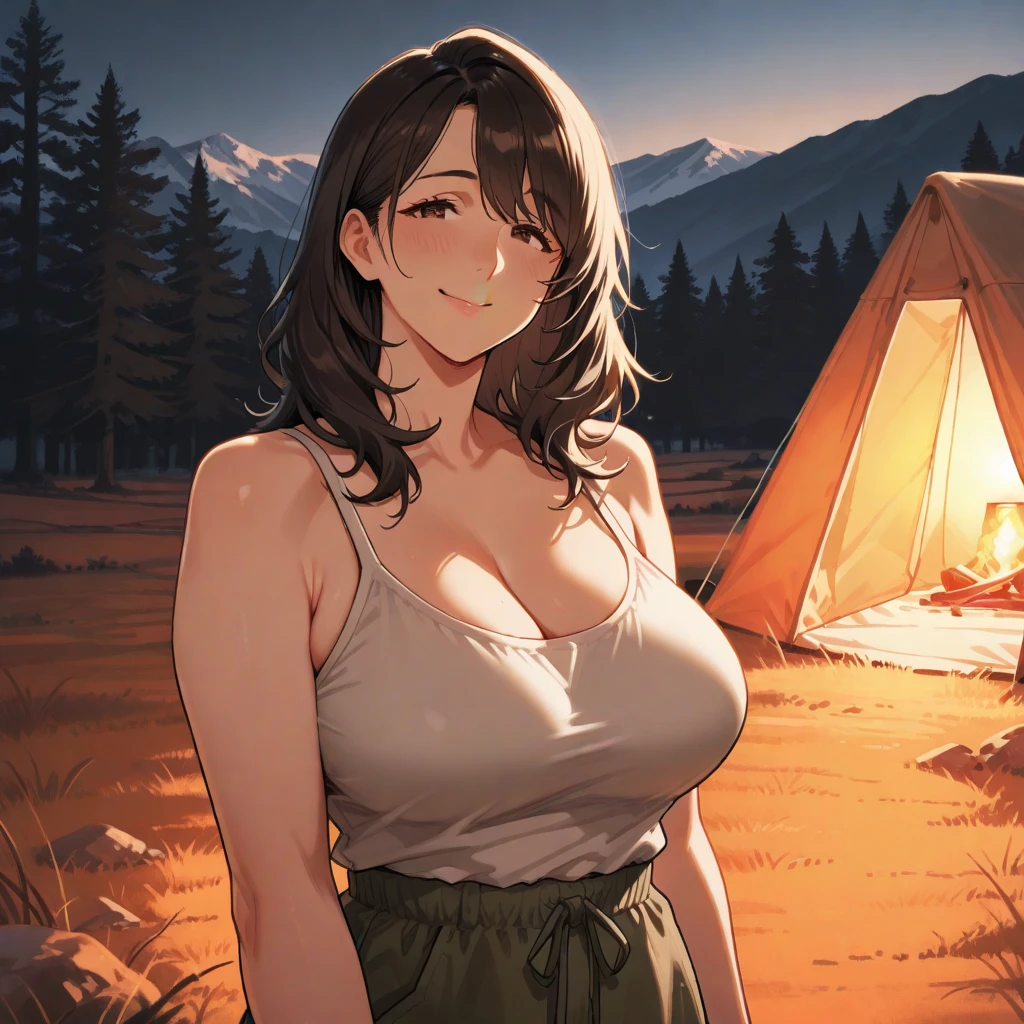 1 woman ((upper body selfie, happy)), masterpiece, best quality, ultra-detailed, solo, outdoor, (night), mountains, nature, (stars, moon) cheerful, happy, backpack, sleeping bag, camping stove, water bottle, country boot, country hat, red plaid shirt long sleeve open, lantern, forest, rocks, river, wood, smoke, shadows, contrast, clear sky, style, (warm hue, warm tone: 1.2), close-up, cinematic light, side lighting, ultra high resolution, best shadow, RAW, upper body, wearing lingerie, seductive look, huge breasts, 4k, open neckline, sexy threesome