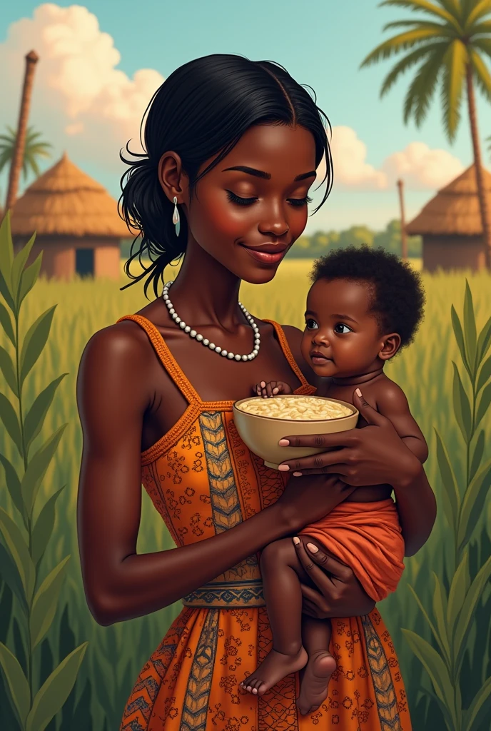 African mother in pawpaw garden with her young boy