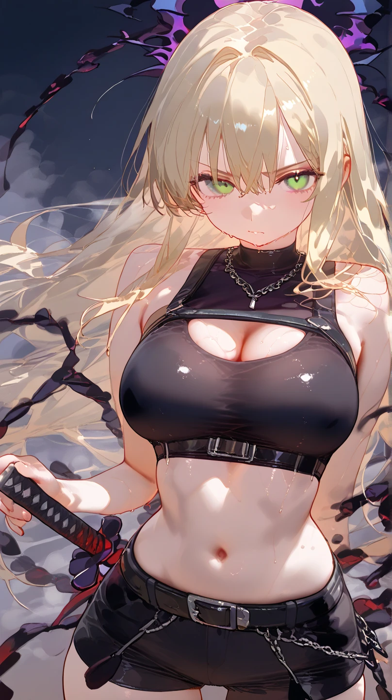 masterpiece, gorgeous, best quality, highres, 1girl, ((solo)), colorfull, blonde, dangerous,vivid eyes,(yellow eyes), alone, , mesmering eyes, neon, smilling, scary smile, madness, ((blood, colorful, ink)) BREAK intimate,cyberpunk, digital art, high details, modern, intricate, perfect face, traced lights, backlight, scary, (sensual), misteryous, blood, cinematic BREAK , backlight, glowing eyes, artistic, wallpaper, futuristic clothes, fog, BREAK superior, long hair, absurdes, crazy smile, HyperStylizeV6, power \(csm\), symbol-shaped pupils