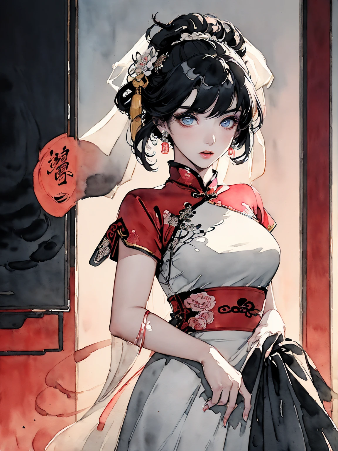 (((((((Chinese ink painting，watercolor paiting，ancient chinese hanfu,saliva,tongue from mouth,blush:1.2，veil,baggy cuffs,)))))))，((1girl,under-aged,amazing,sharp focus,seductive girl，Solo，from above:1.3,bent over:1.2,))(Masterpiece,Best quality, offcial art, Beautiful and aesthetic:1.2),((超高分辨率,Golden ratio,)) (16k),((upper upper shot,close of face:1.2,focus on face:1.2,succubi,fairy,big breast)),(Physically-based rendering),Sharp focus, (((highdetailskin,))),Intricately detailed clothing，Delicate pupils,heart pupils,crimson pupils,danfeng eye,((((detailed hair|short hair|steep bangs|Long bold side bangs|top bow)))),Slender,(masterpiece sidelighting),(The sheen),(beautiful hair,beautiful eyes,）((unbelievable Ridiculous,blur background,)),((extremely_Detailed_Eyes_and_face)),Movie girl,(Dynamic configuration: 1.2),Brilliant,Glossy, (Photorealistic), mitts, ((hairpin)), two-sided fabric,disheveled hair,Ultra-precise depiction, Ultra-detailed depiction,