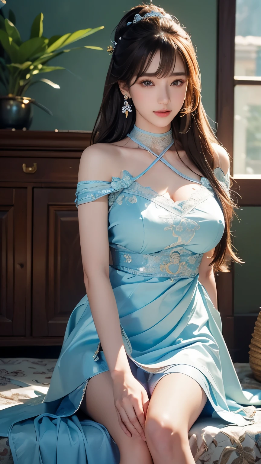 (nsfw:1.2), (masterpiece, best quality, extremely detailed 8k, ultra hd, ultra-detailed, highly detailed, highly realistic, ultra-realistic, photo realistic), (1girl:1.5), (detailed realistic skin), (realistic big breasts), slender abs, (closed mouth:1.4)